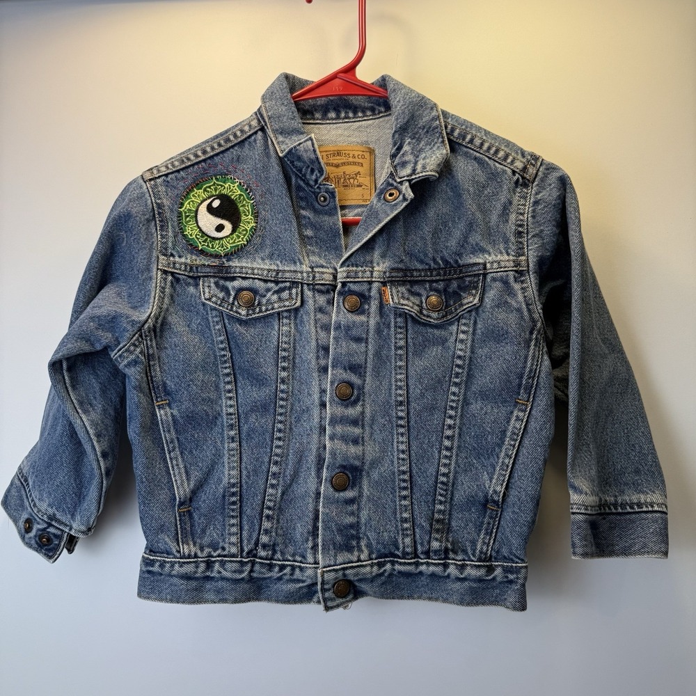 VTG 90's Little Levi's Orange Tab 74027 Denim Jean Jacket Yin‎ Yang Size 5 Blue